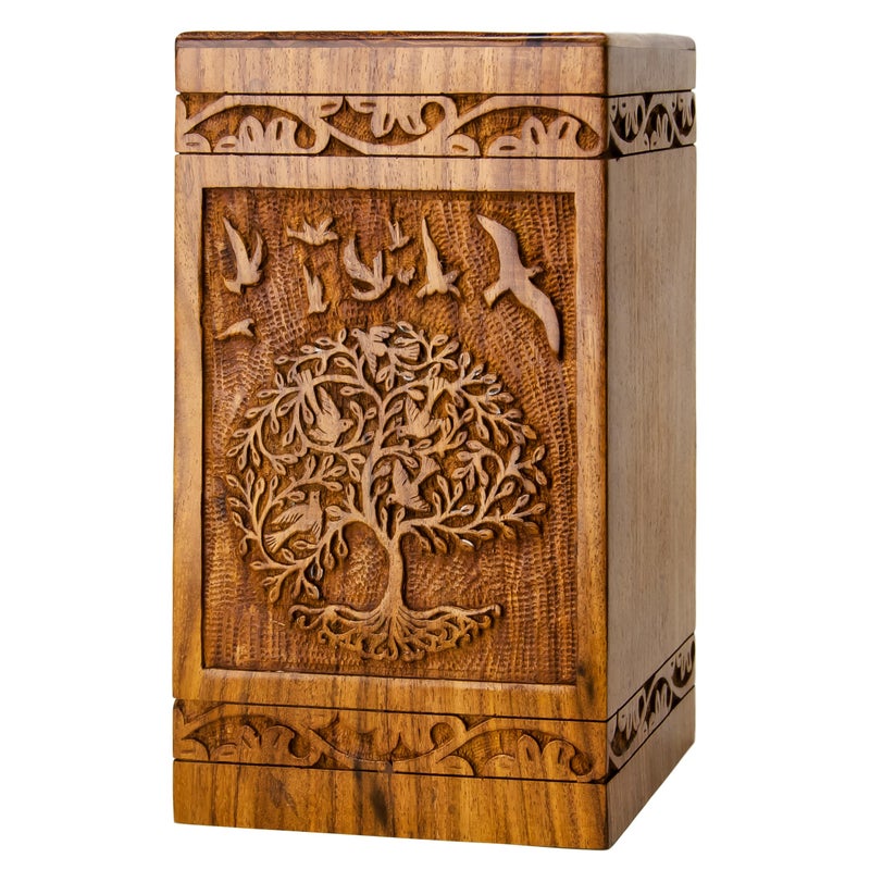 INTAJ Handcarved Wooden Cremation Urn for Human Ashes - Tree of Life Design, 180 lbs Capacity, Suitable for Adult Men and Women - Decorative Funeral Urn Box and Casket - Wooden Carved Box - Image 1